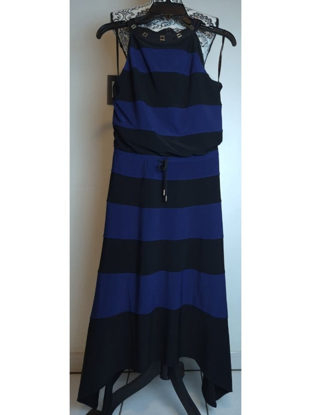 White House Black Market Dress XS Blue Black Striped Halter Handkerchief Hem